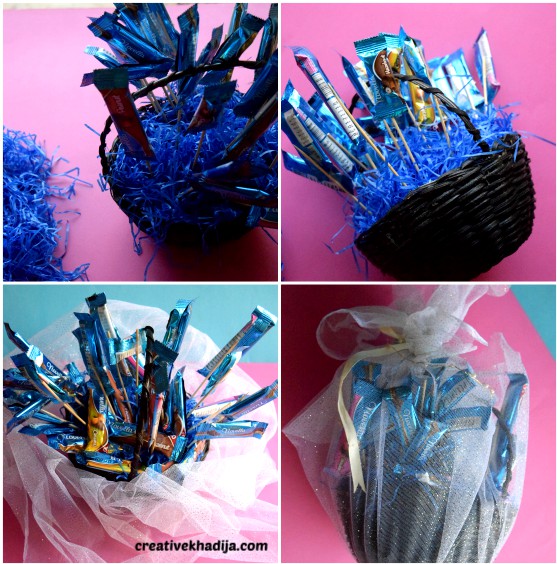 How to decorate and wrap a chocolate filled gift basket 